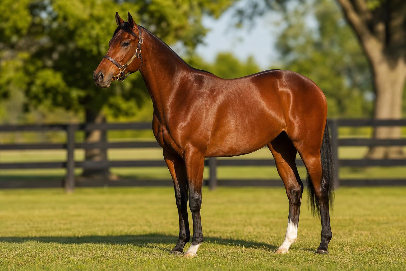 Pur-sang anglais bai à la robe brillante dans un paddock vert