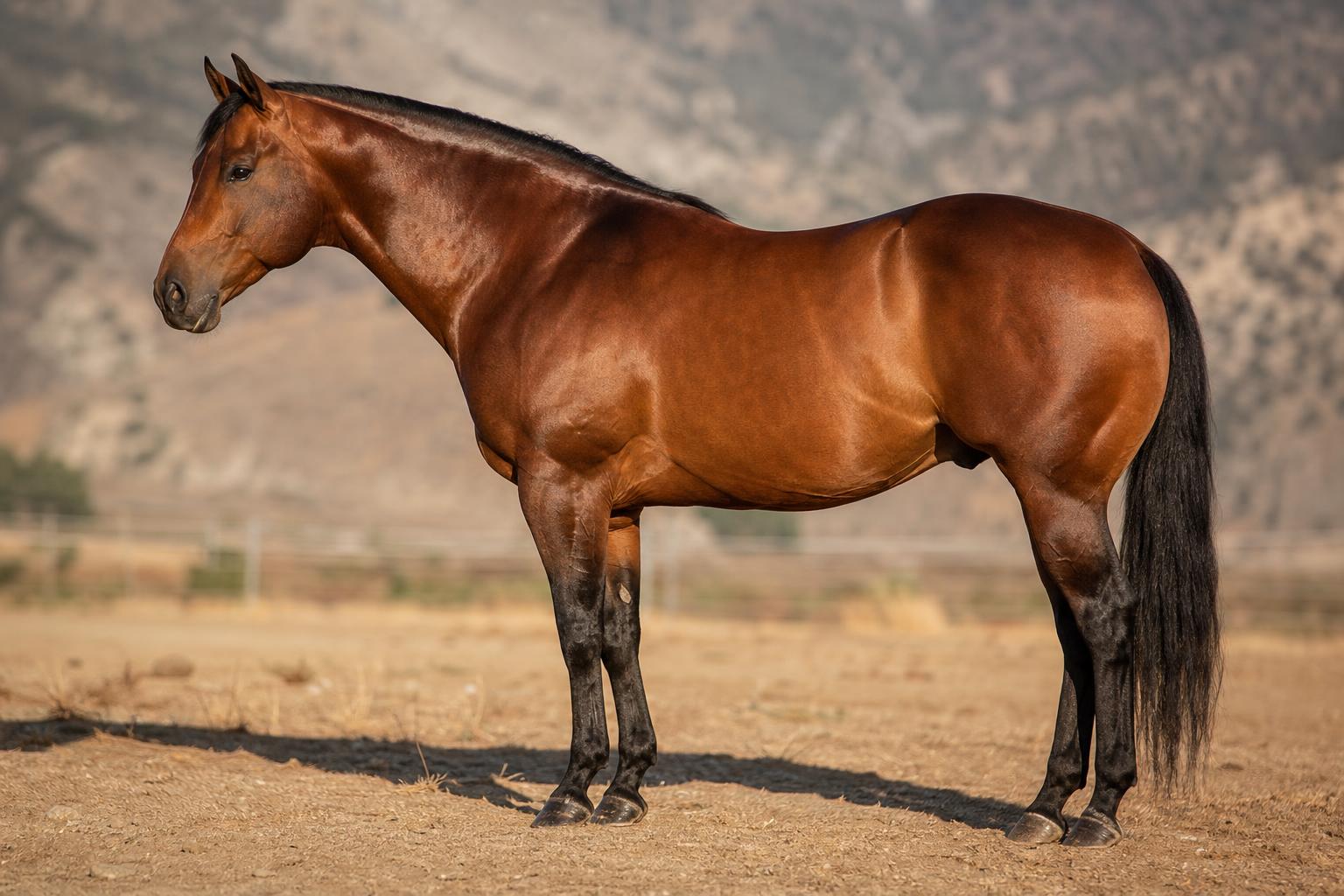 Profil complet d'un Quarter Horse bai montrant son arrière-main musclé
