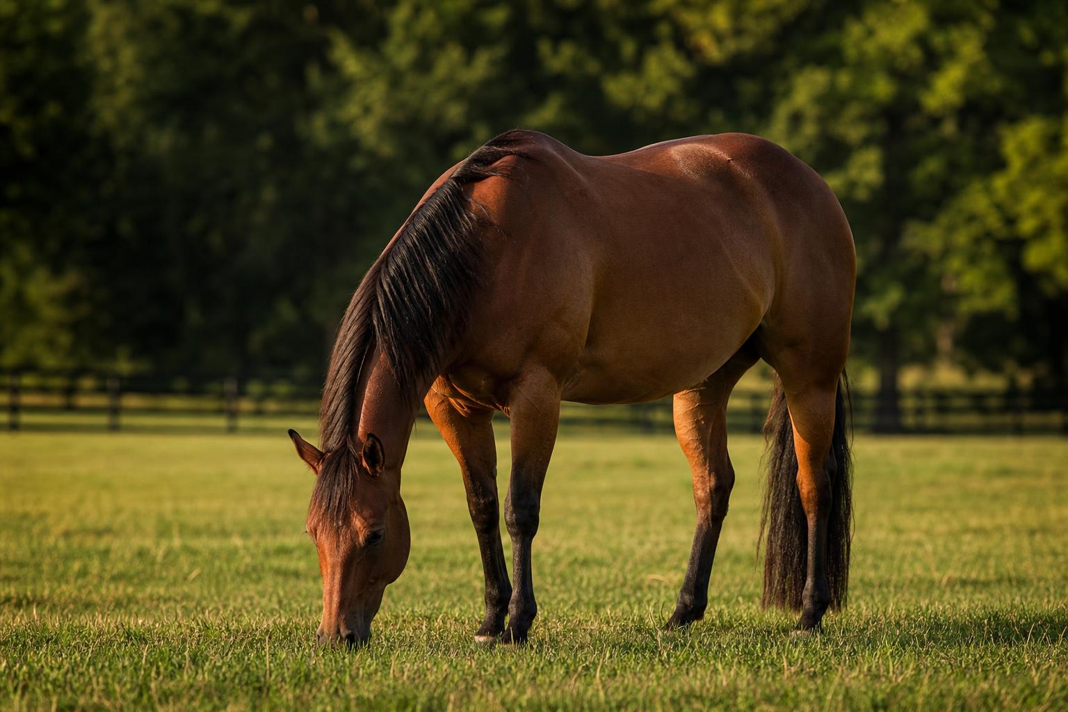 Quarter Horse bai broutant paisiblement dans un pré vert