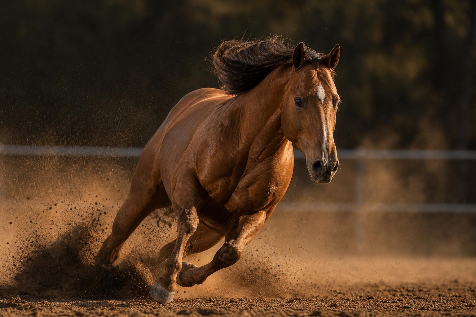 Quarter Horse au sprint dans une carrière, soulevant la poussière