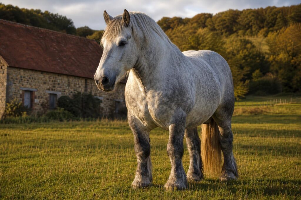 Grey Percheron in a Norman meadow at sunset