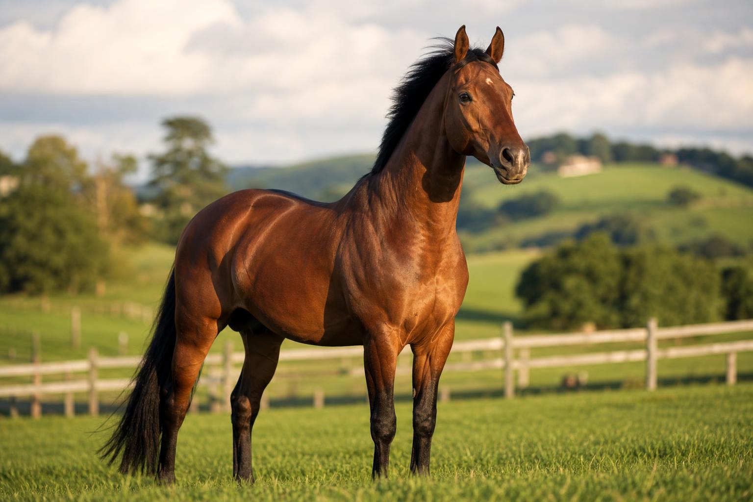 Cheval Selle Français bai dans une prairie française au coucher de soleil