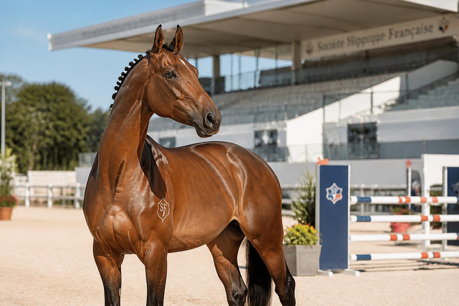 Cheval Selle Français bai dans une carrière de concours