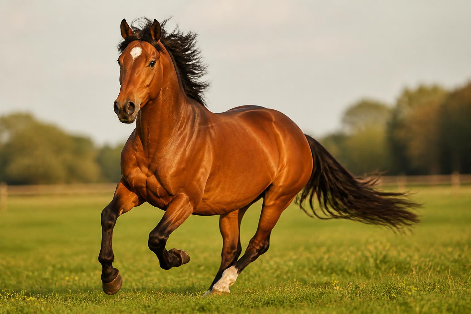 Cheval Selle Français bai au galop dans un pré