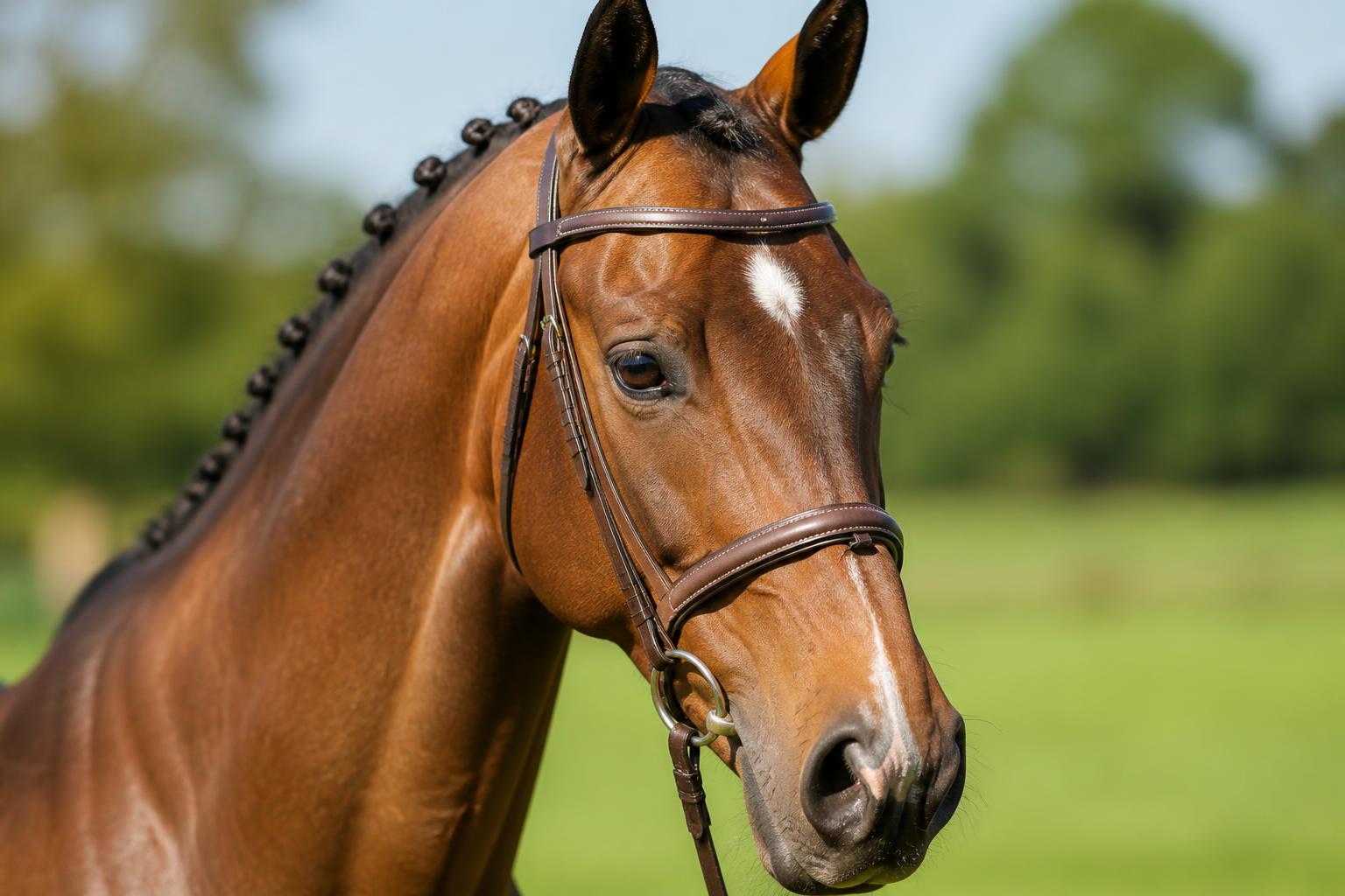Portrait d'un cheval Selle Français bai à la tête expressive