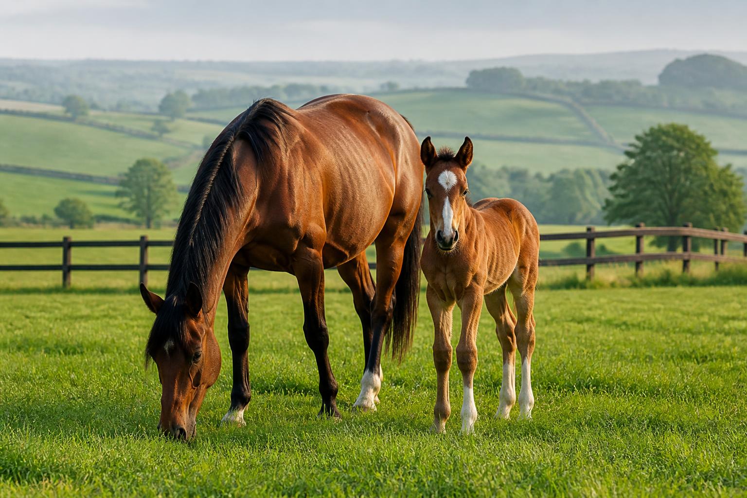 Jument Selle Français et son poulain au pré en Normandie