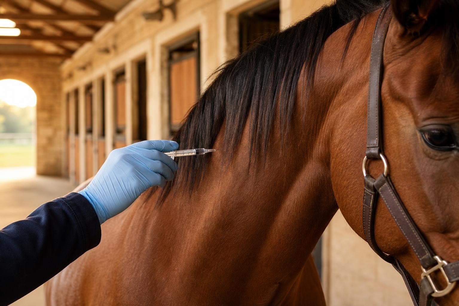 Injection de vaccin antitétanique administrée par un vétérinaire à un cheval bai