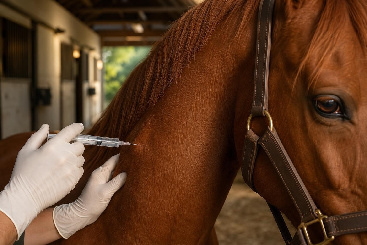 Injection de vaccin administrée à un cheval bai par un vétérinaire