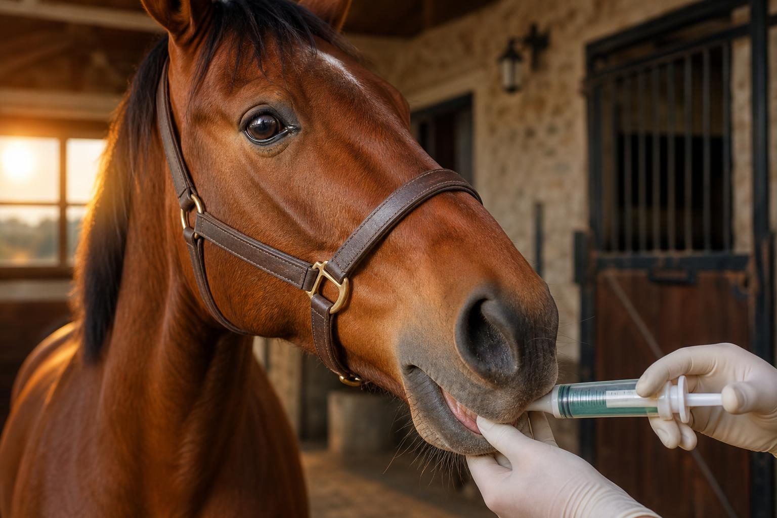 Vermifuge oral administré à un cheval bai en écurie