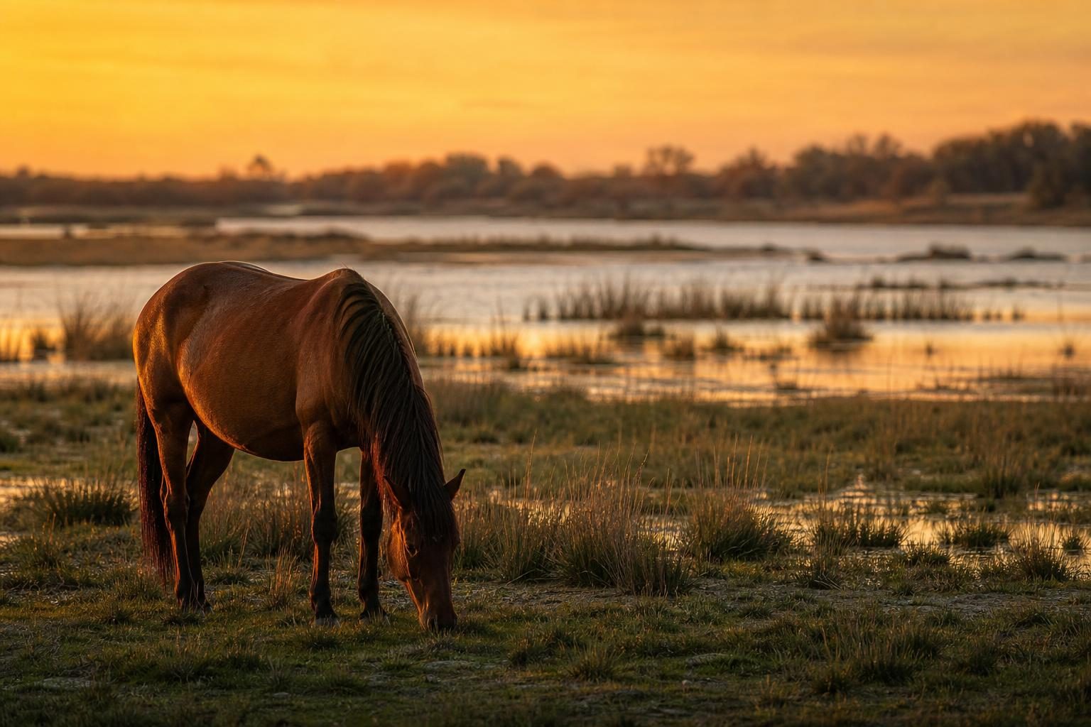Cheval bai dans un paysage de Camargue au crépuscule avec marais et roseaux
