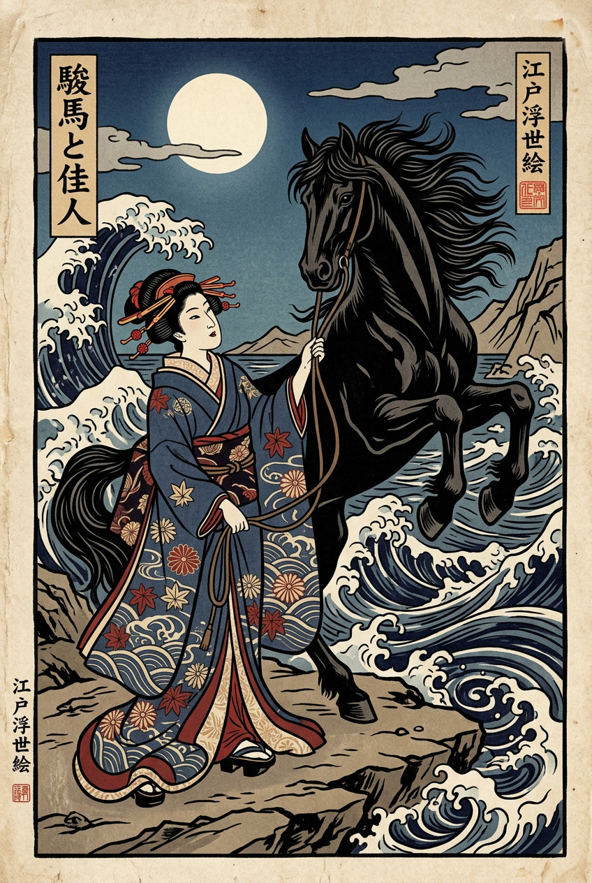 Cheval dans le style Estampe japonaise (Ukiyo-e), série Equirider