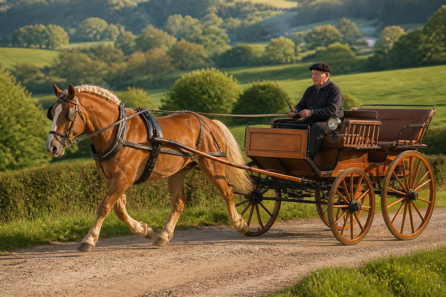 Cheval de trait léger menant un porte-outils entre des planches de culture maraîchère