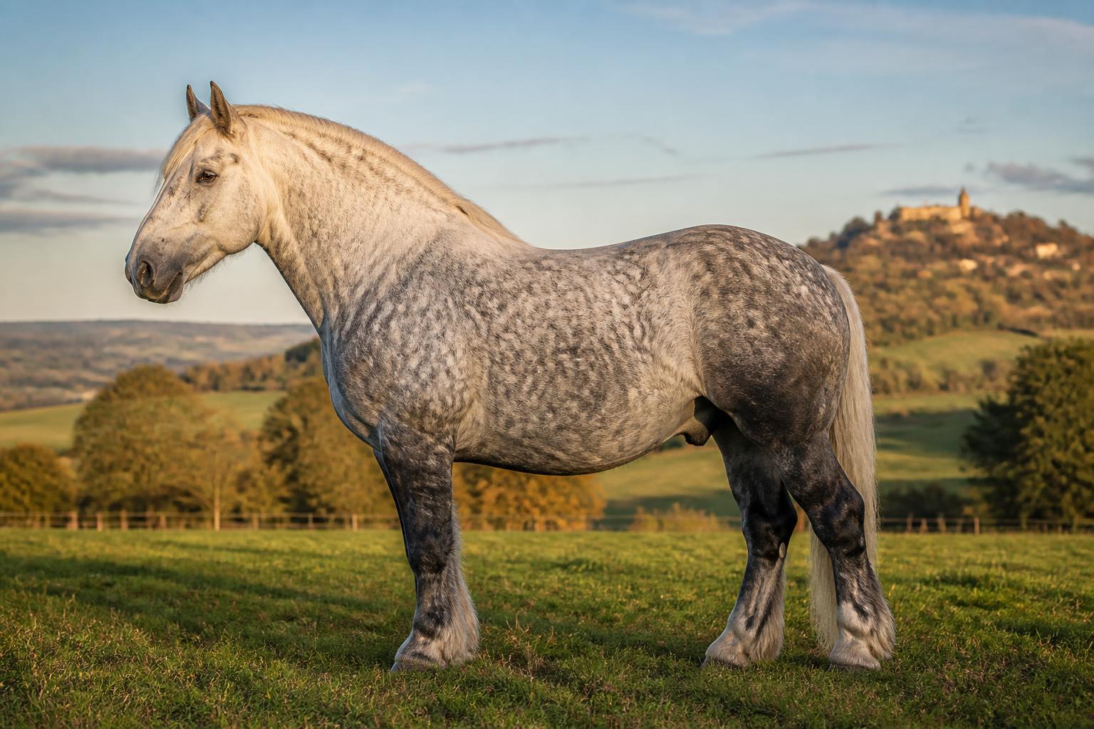 Cheval de trait Percheron gris pommelé illustrant le poids
