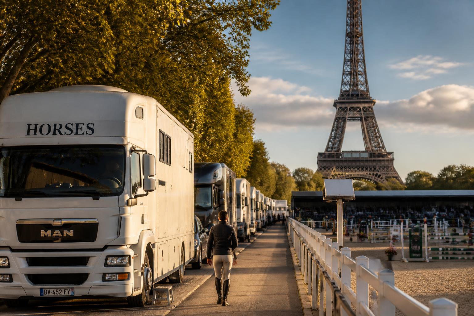 Camions de transport de chevaux alignes au pied de la Tour Eiffel pendant un concours de saut d obstacles