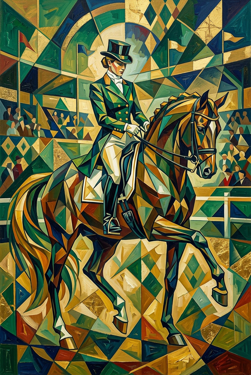 Cavalier de dressage et cheval en style cubiste colore, illustration Equirider