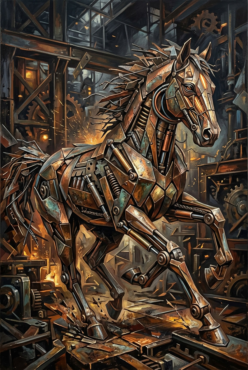 Cheval cubo-futuriste fusionne avec des pieces mecaniques, hommage a Duchamp-Villon, illustration Equirider