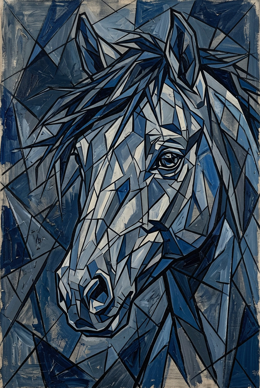 Tete de cheval cubiste en plans geometriques bleus, illustration Equirider