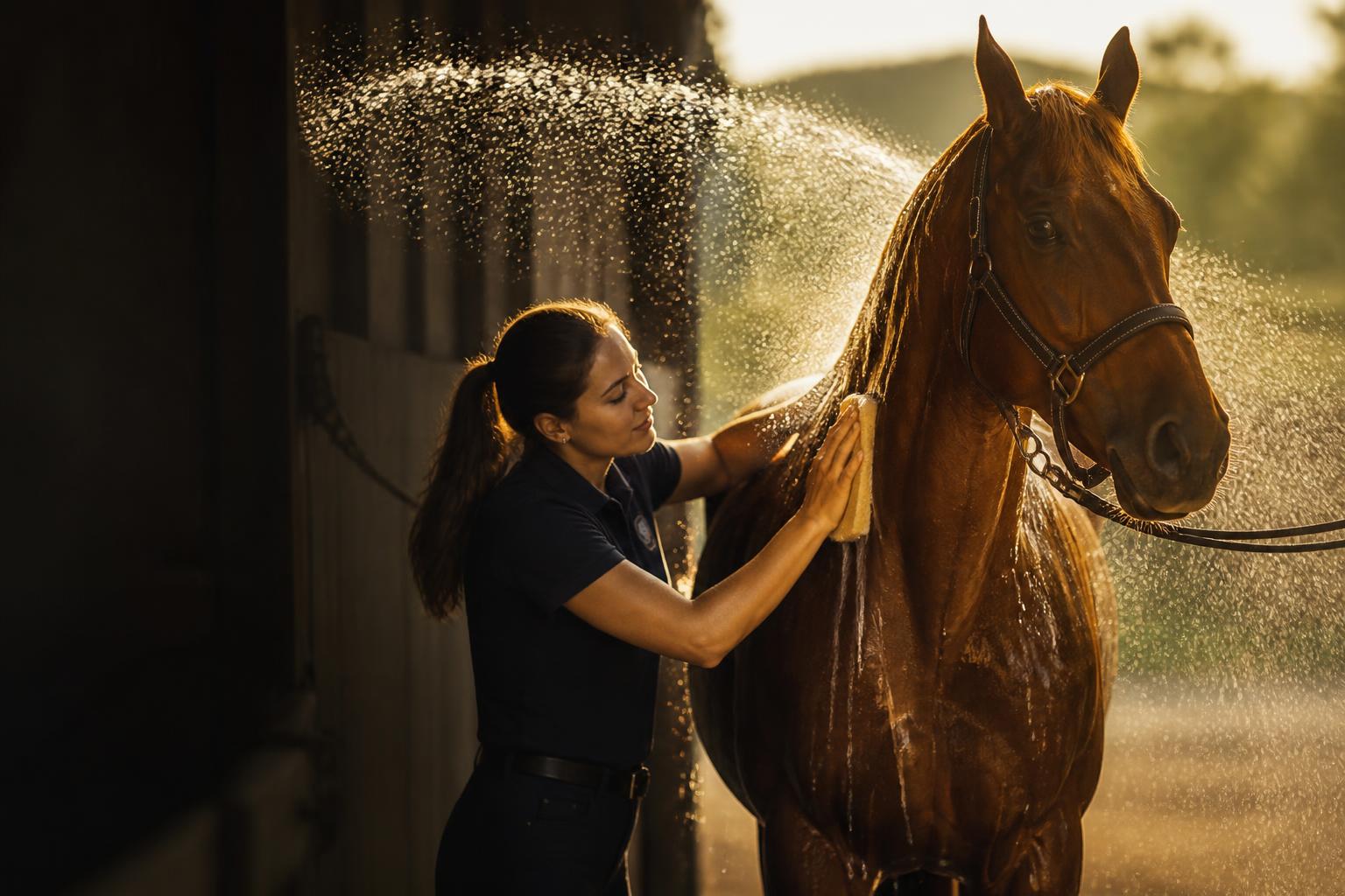 Cheval rafraichi a l'eau avec un couteau de chaleur pendant la canicule