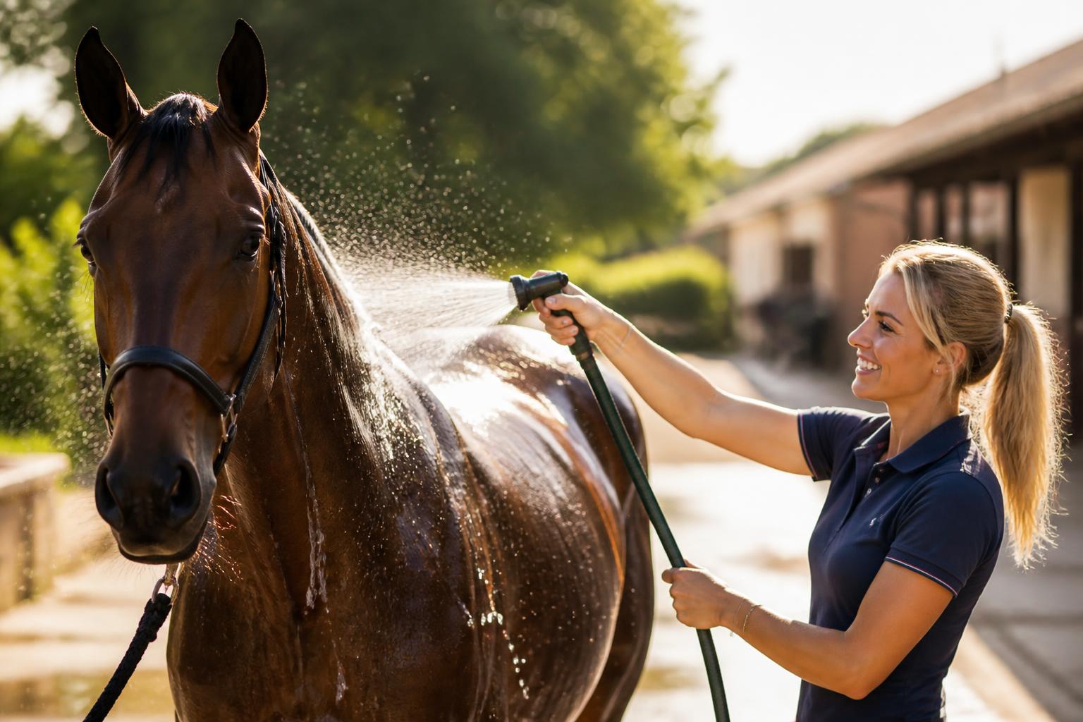 Une cavalière blonde rafraîchit son cheval au jet d'eau pendant une journée de canicule