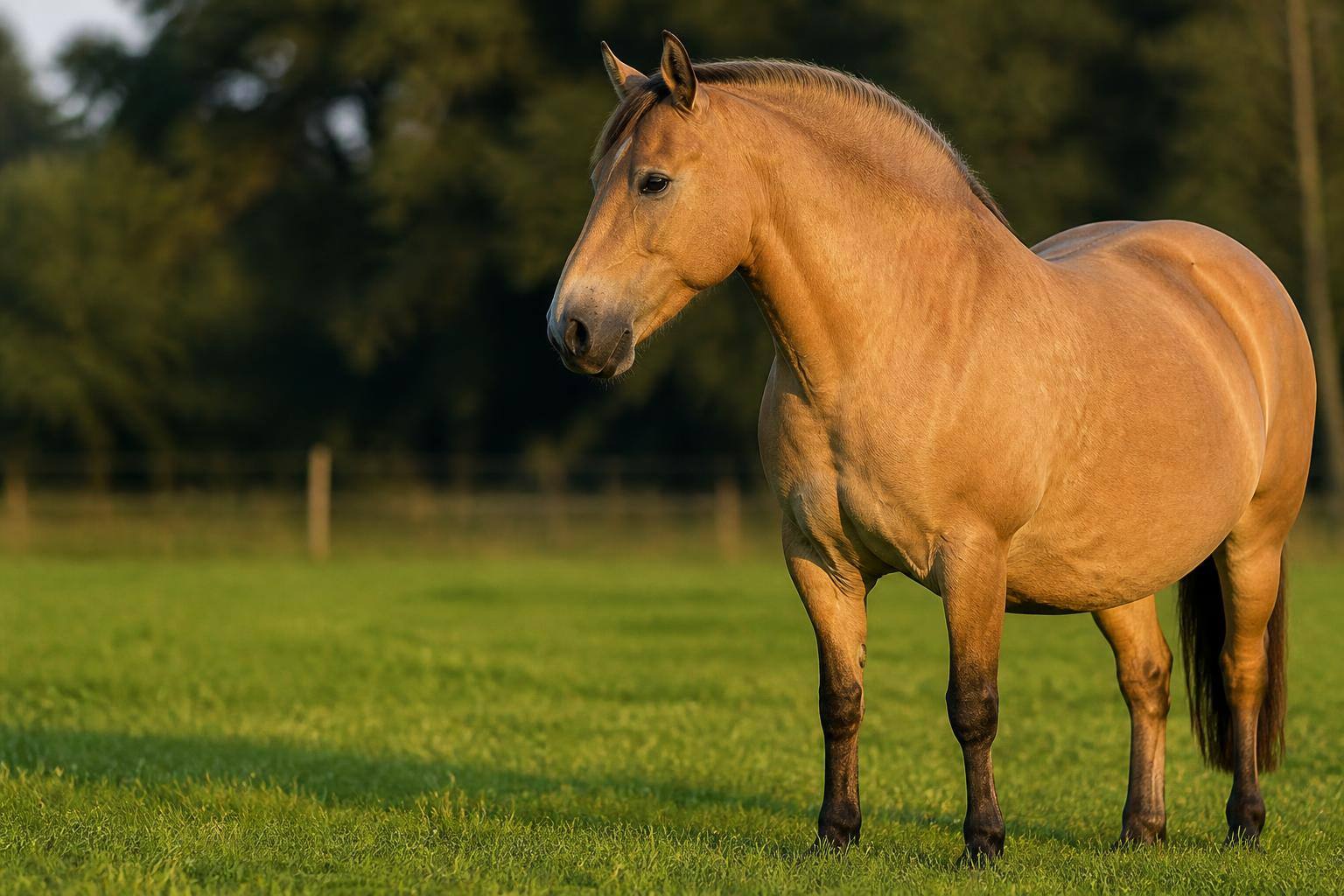 Cheval en surpoids avec une crête grasse marquée sur une prairie d'été riche