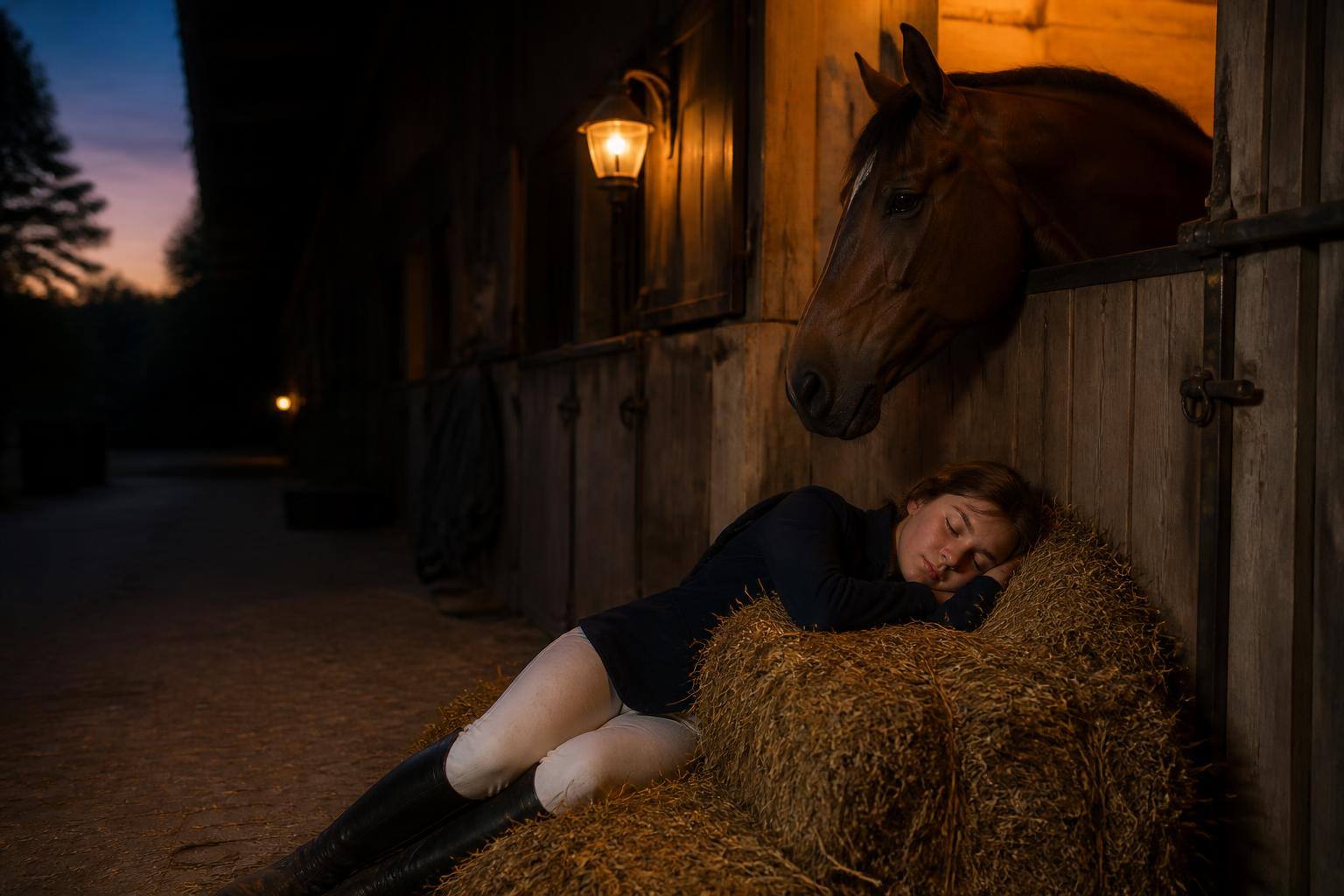Jeune cavaliere endormie sur des bottes de paille a l'entree du box, la tete de son cheval veillant au-dessus a la nuit tombee