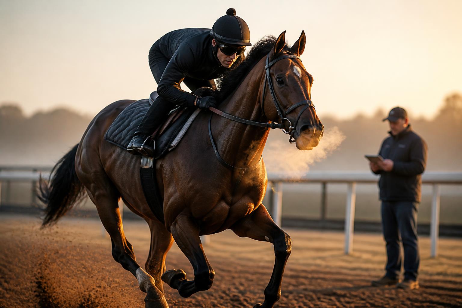 Cheval de course au galop a l entrainement, equipe d un capteur cardio et GPS Equimetre