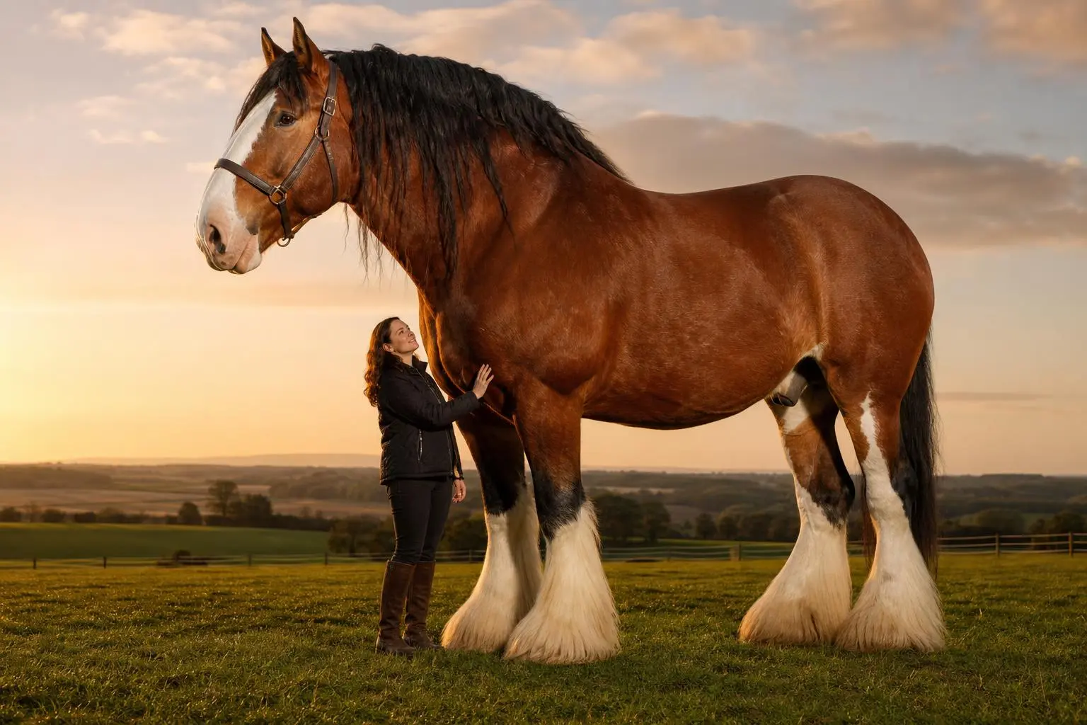 Cheval de trait géant aux côtés d'un homme, illustrant la taille des plus grands chevaux du monde