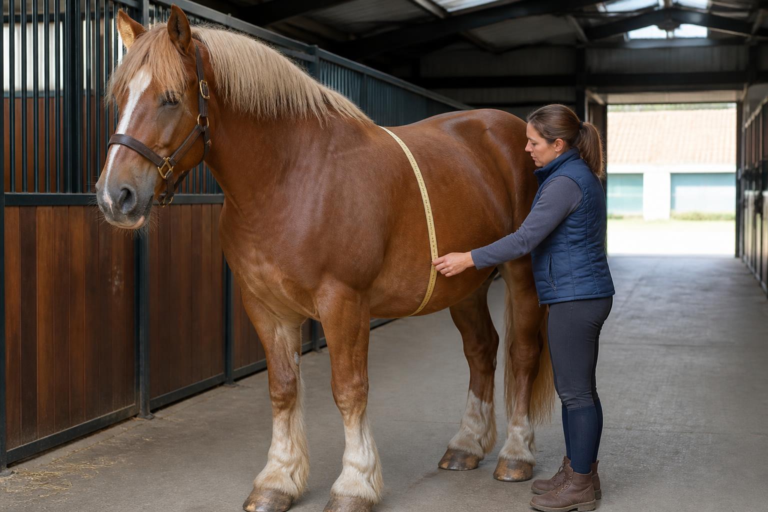 Mesurer le périmètre thoracique d'un cheval de trait Mesure du périmètre thoracique d'un cheval de trait au ruban, juste derrière le garrot