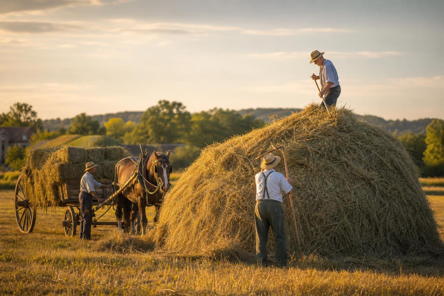Fabrication d'une meule de foin a la main avec cheval de trait et charrette