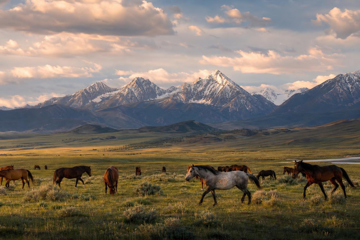 Troupeau de chevaux dans une vallee du Montana devant les Rocheuses enneigees