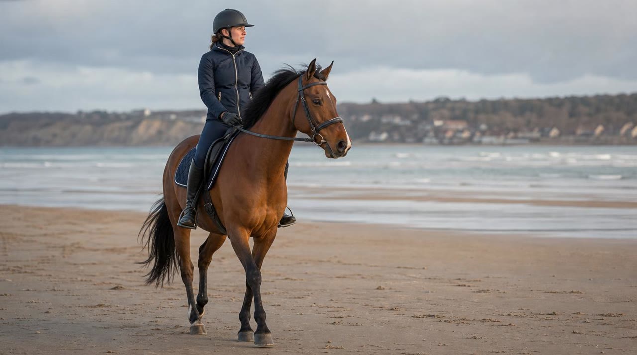 Cavalier au galop sur une plage de Normandie, côte Fleurie, hors saison