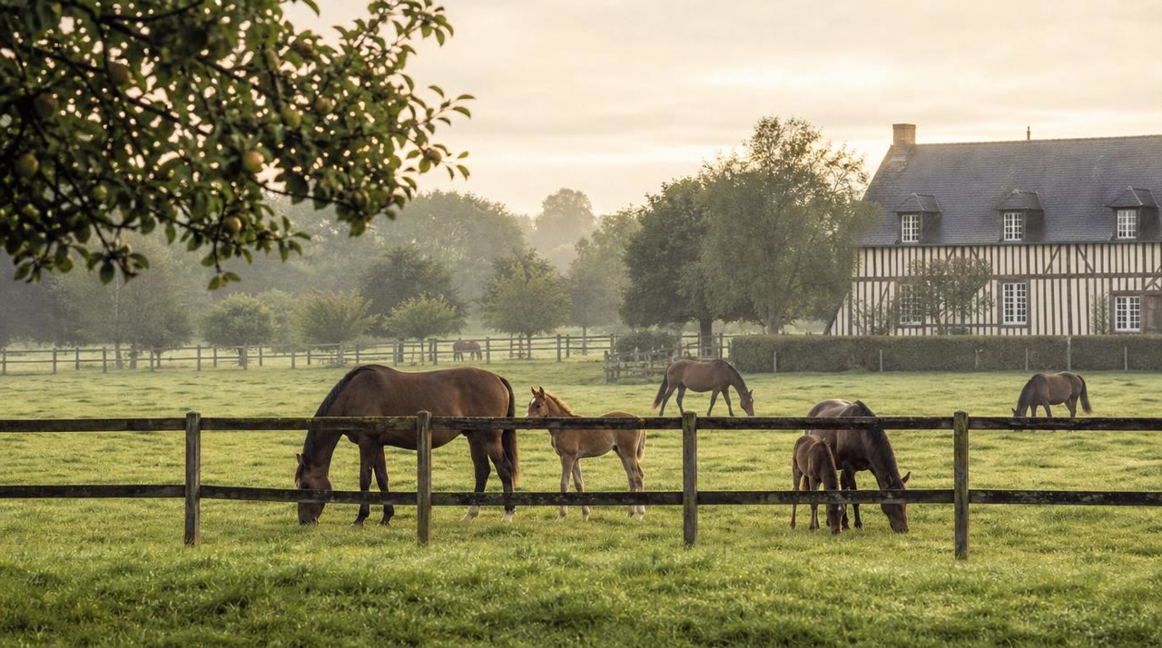 Prés d'élevage de chevaux en Normandie au lever du jour, jument et poulain