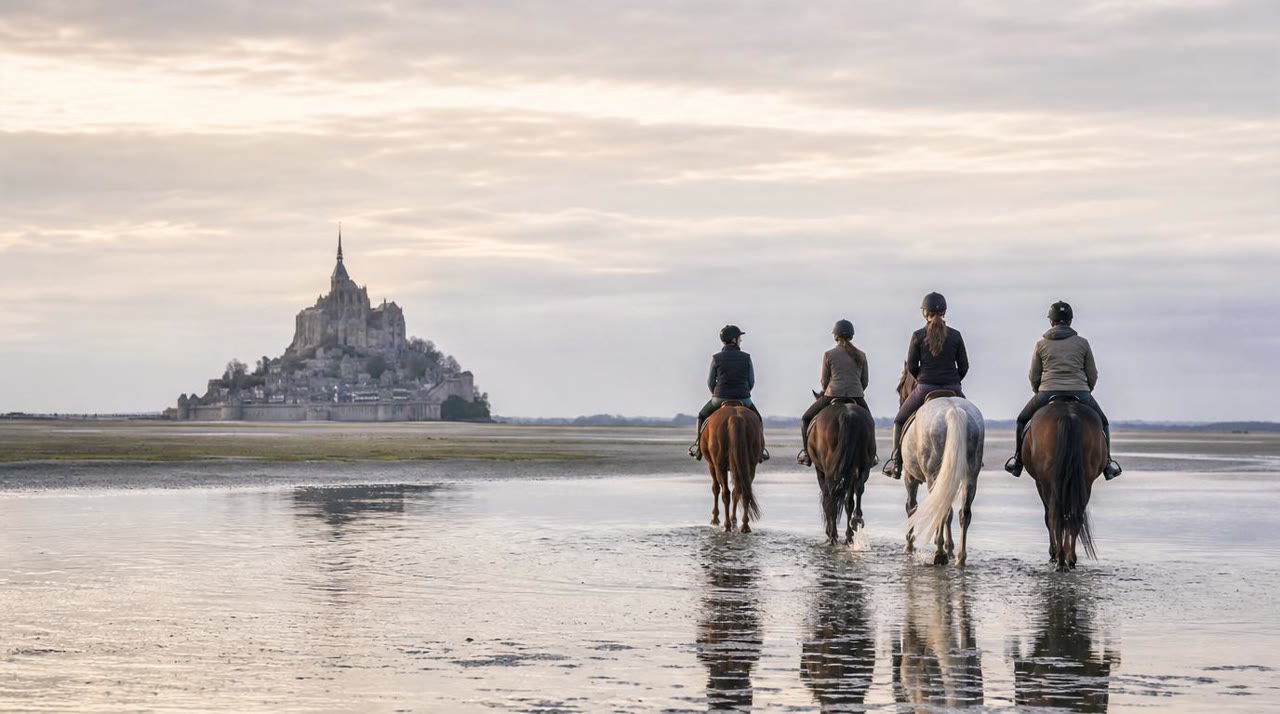 Cavaliers traversant la baie du Mont-Saint-Michel à cheval, l'abbaye à l'horizon