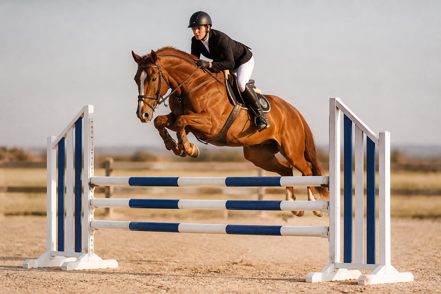 Cavalier franchissant un oxer en concours de saut d'obstacles