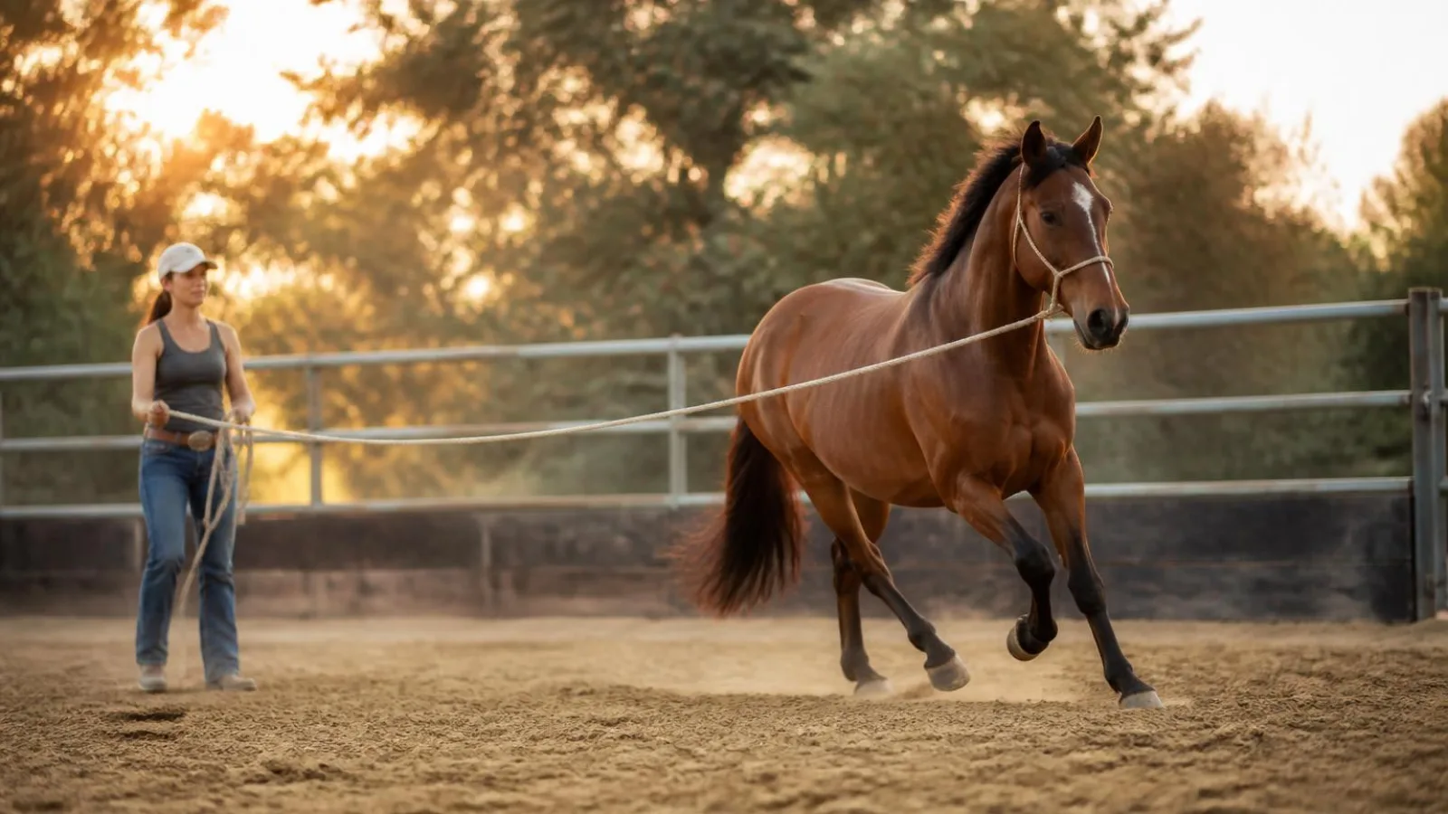 Jeune cheval bai travaille a la longe dans un manege