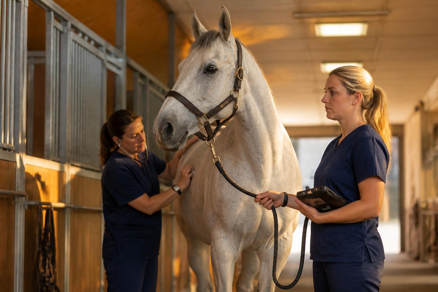Auxiliaire vétérinaire assistant un soin sur un cheval