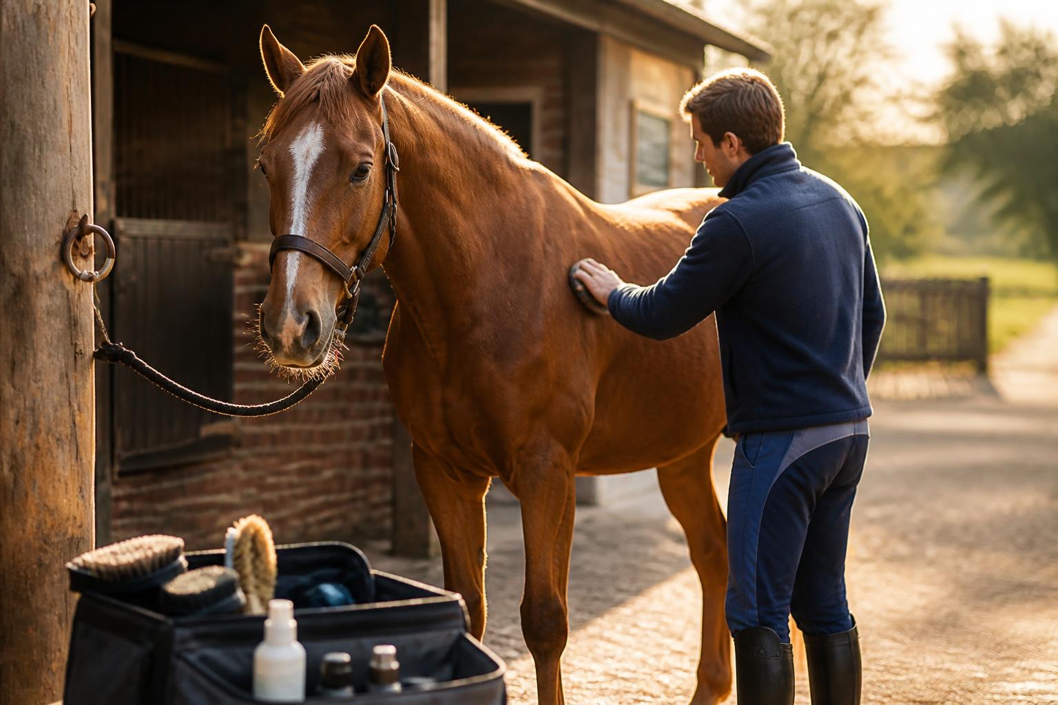 Toilettage quotidien d'un cheval dans une cour d'écurie