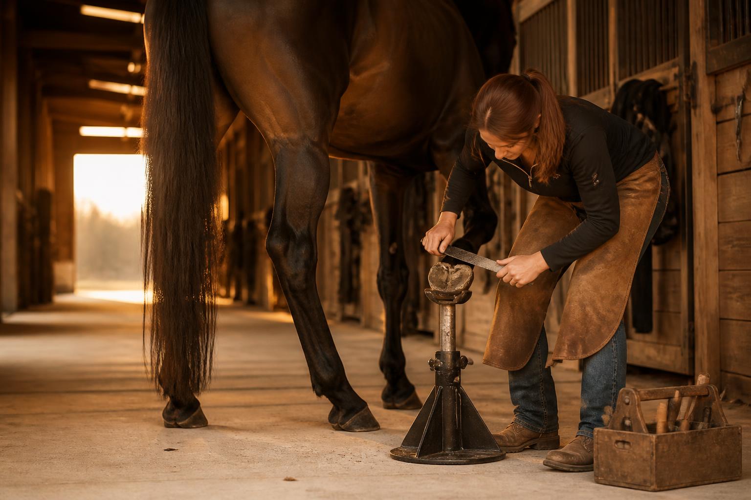 Propriétaire limant lui-même le sabot de son cheval