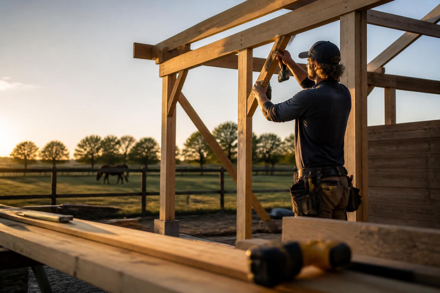 Charpentier construisant l'ossature en bois d'un abri à chevaux