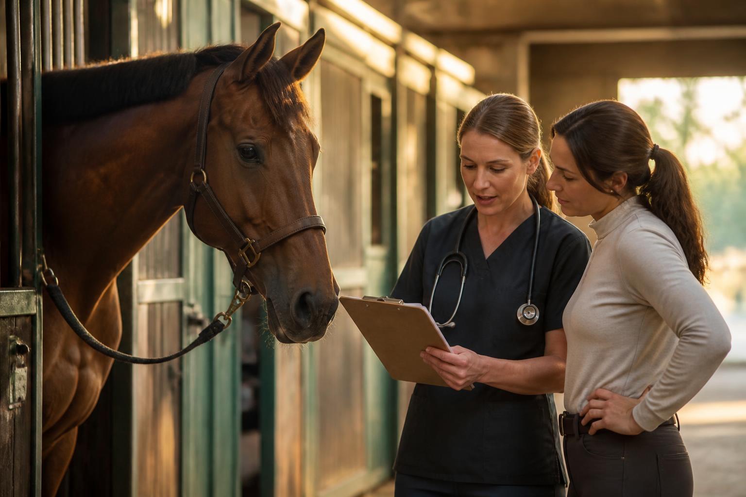 Vétérinaire et propriétaire échangeant près d'un cheval en écurie