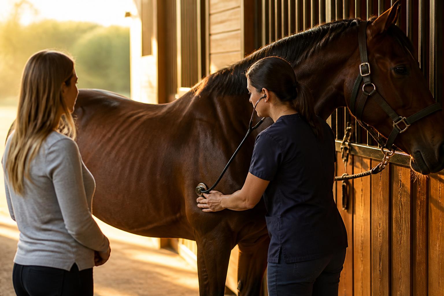 Vétérinaire examinant un cheval au stéthoscope lors d'une visite