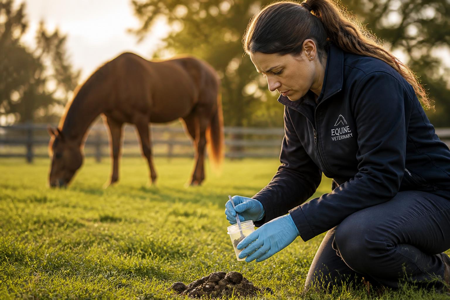 Vétérinaire prélevant un échantillon pour dépister les parasites internes d'un cheval