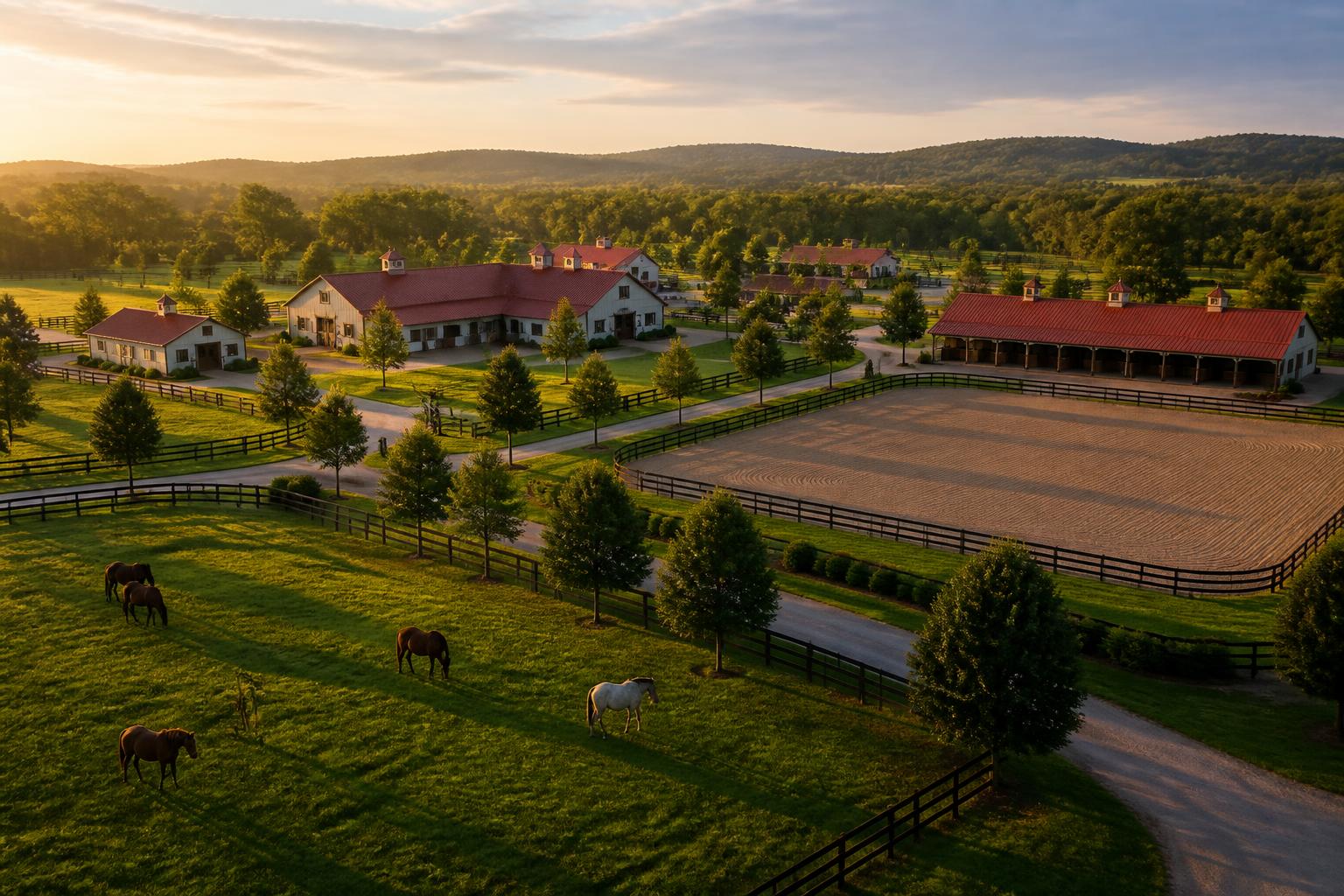 Vue aérienne d'un centre équestre : écuries, carrière et paddocks au coucher du soleil