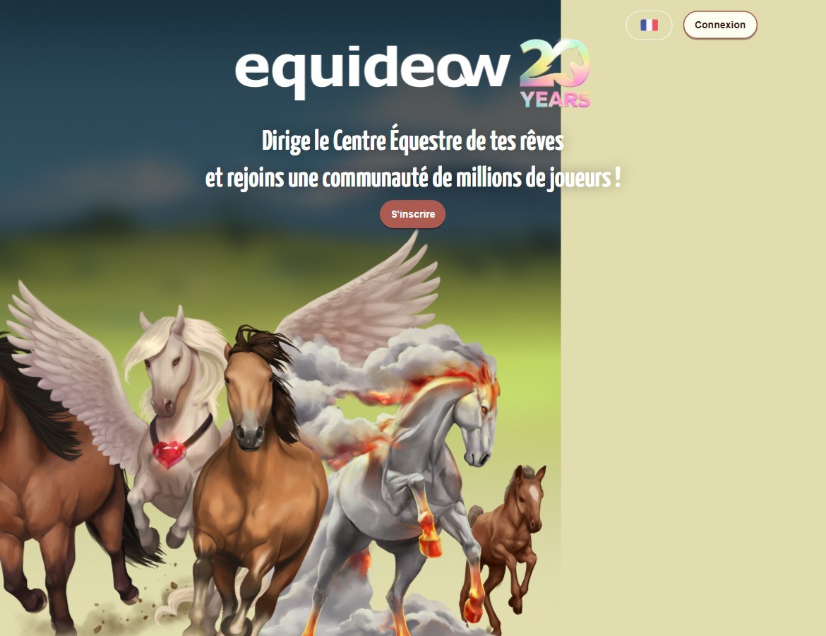 Page d'accueil officielle du jeu Equideow : logo 20 ans et chevaux de la communauté
