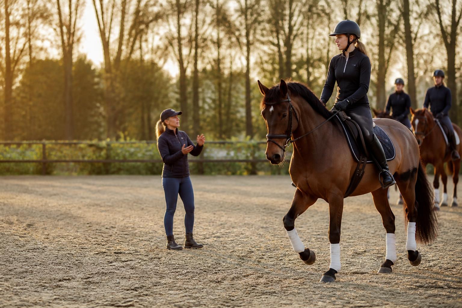 Enseignante d'équitation donnant une consigne à une cavalière en carrière