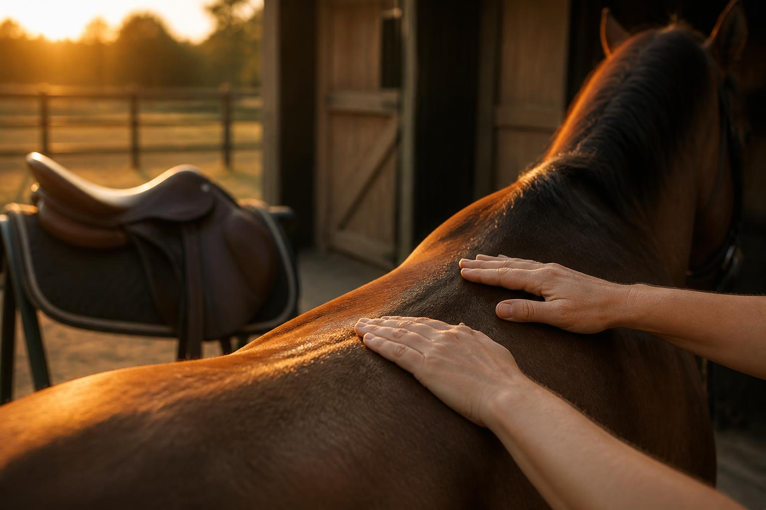 Close-up of saddle placement on horse's back showing proper fit