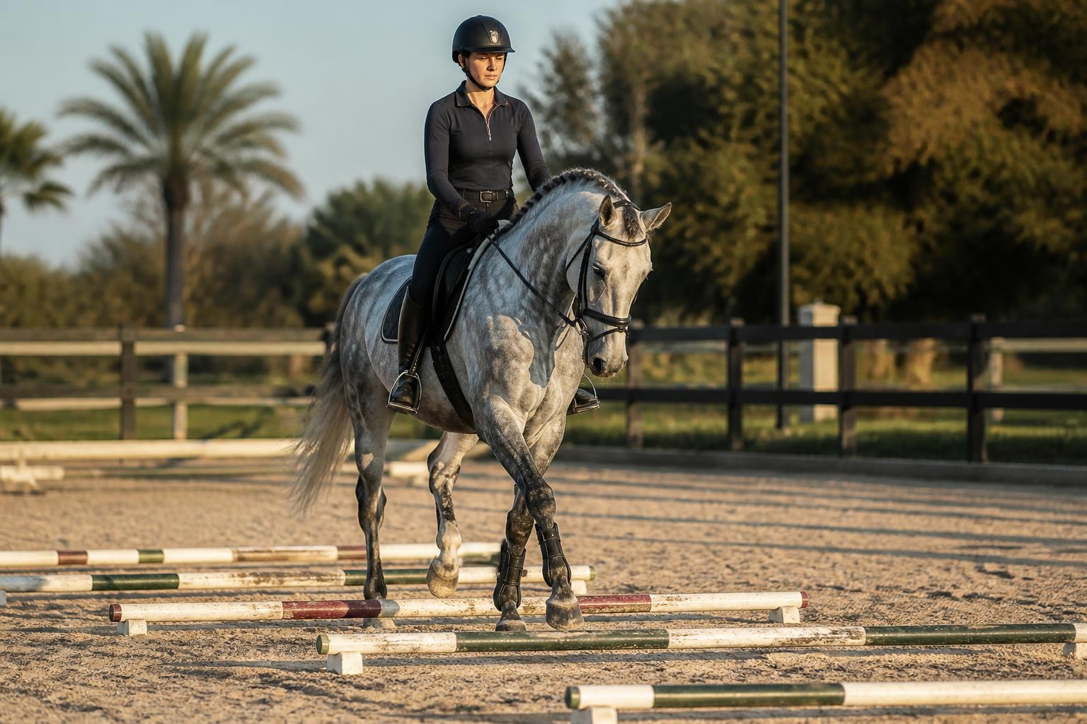 Cavalière franchissant seule une ligne de barres au sol en carrière