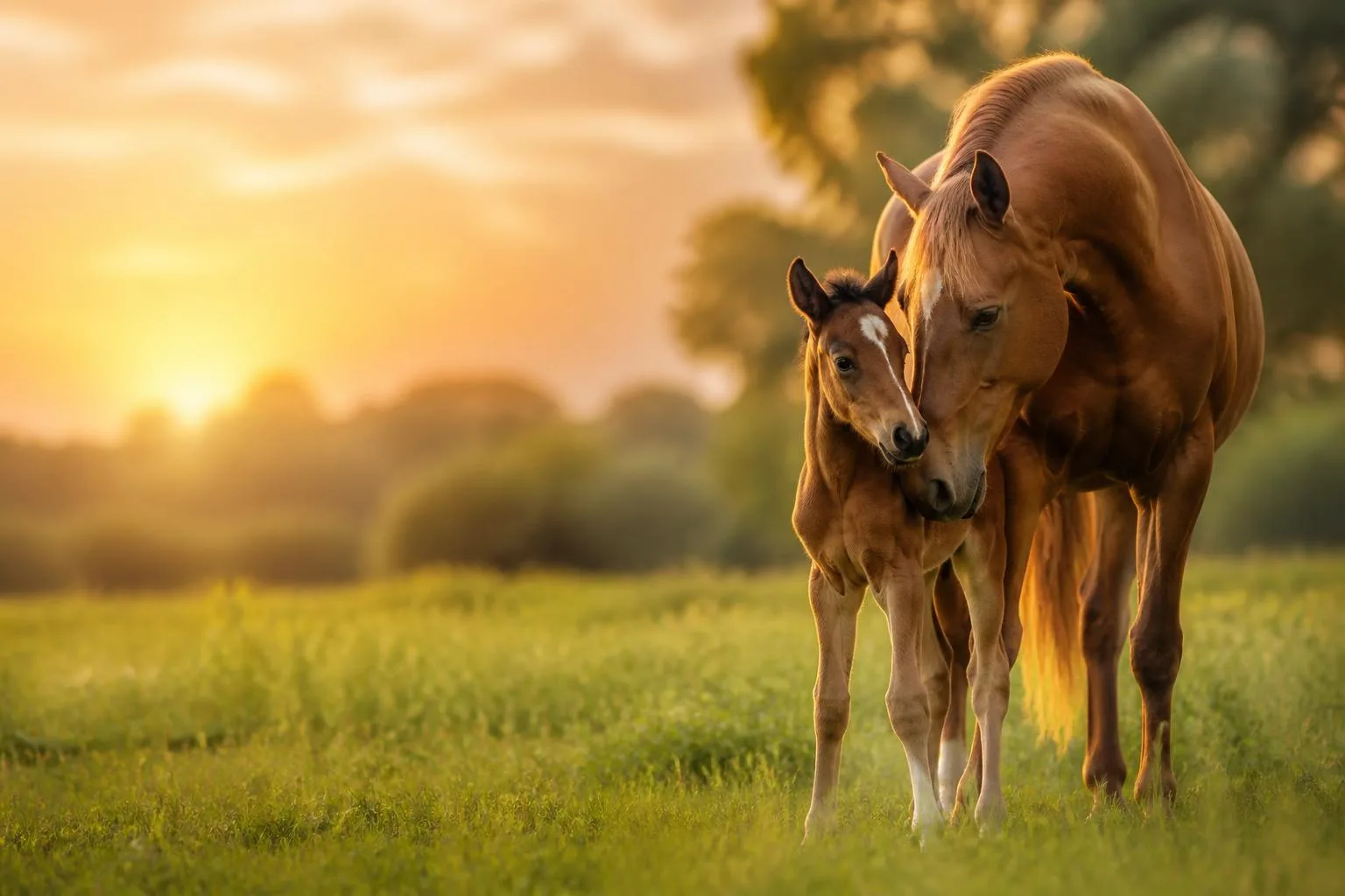 Jument alezane et son poulain bai dans un pré au soleil couchant, évoquant le choix du nom du cheval