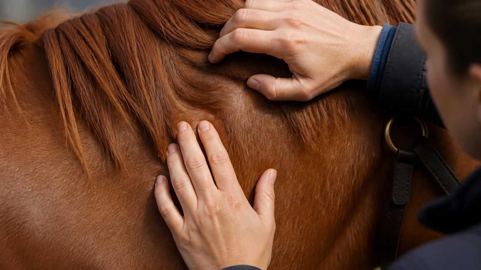 Inspection de la peau et de la criniere d un cheval alezan sain