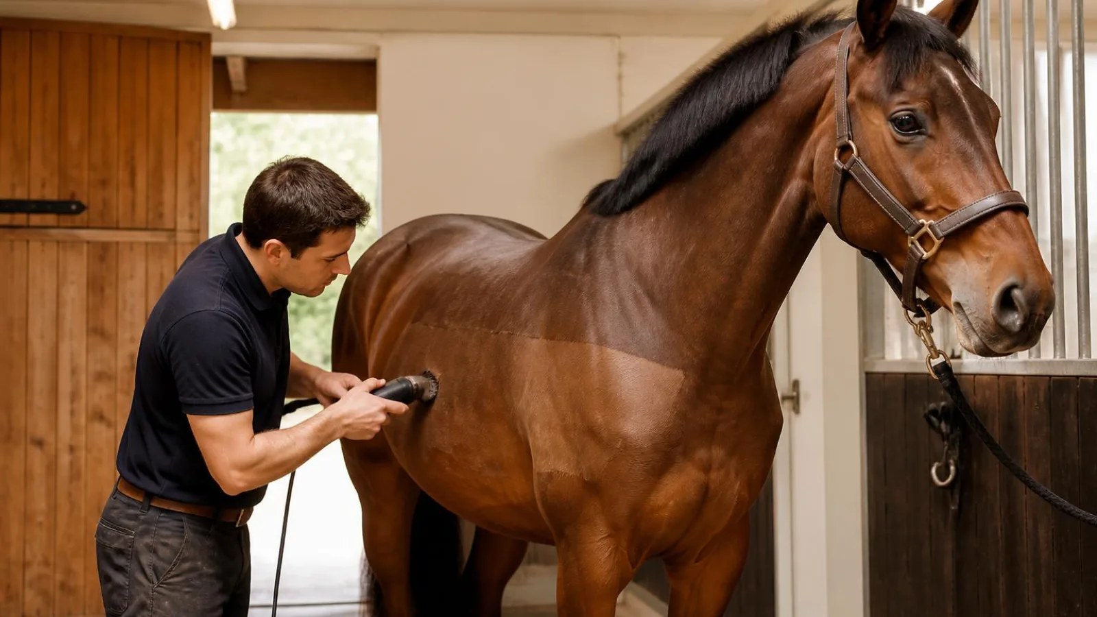 Groom tondant un cheval bai, ligne de tonte nette